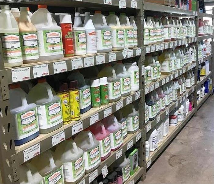 The wall of chemicals that we use to clean up any disaster 