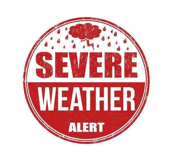 a red and white severe weather alert sign