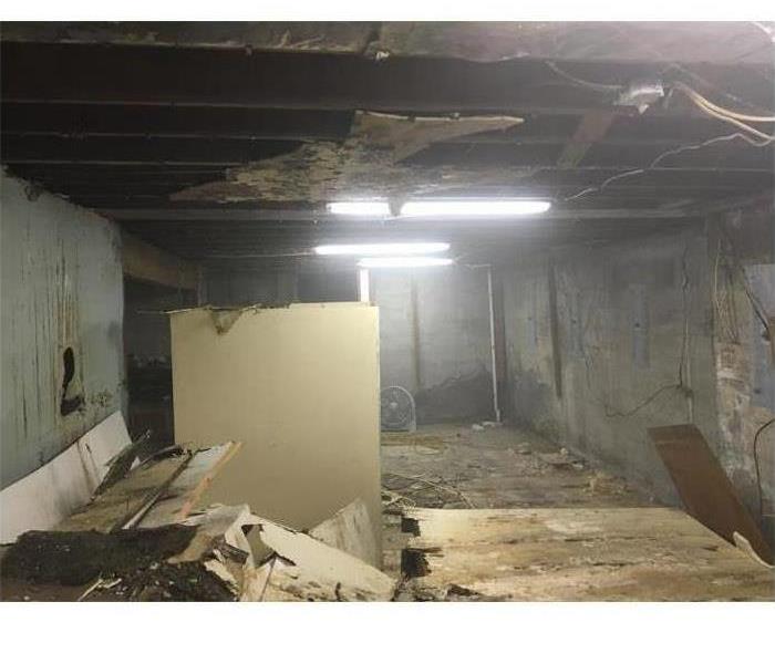 a water damaged basement and mold filled wall